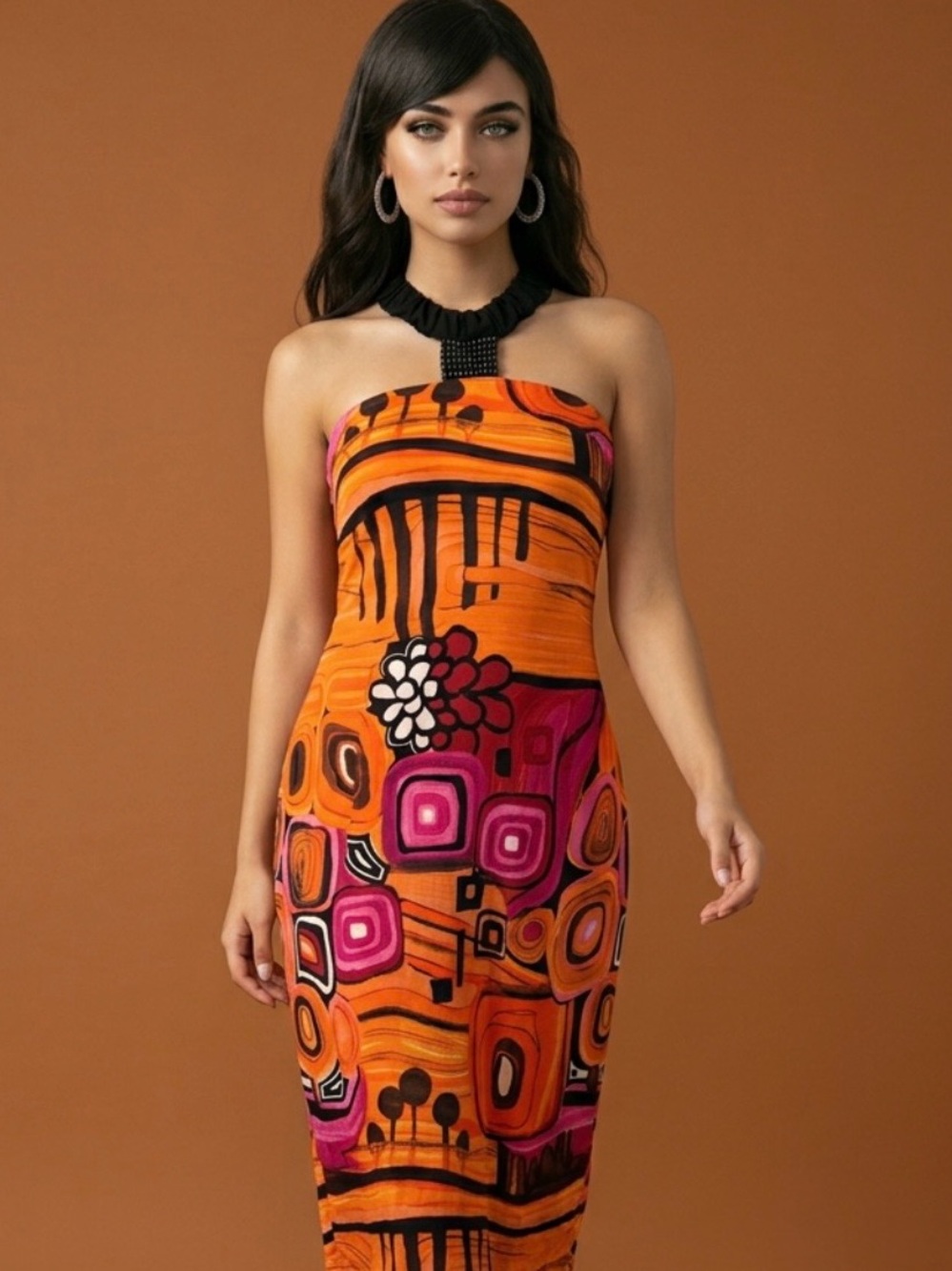Y2K Nueva Orange and Pink Abstract Midi Dress with Halter Detail